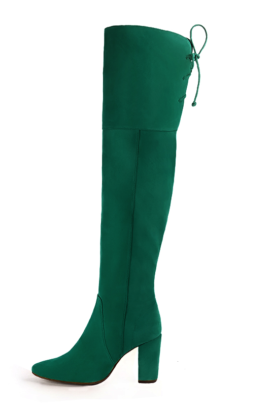 Emerald green women's leather thigh-high boots. Round toe. High block heels. Made to measure. Profile view - Florence KOOIJMAN